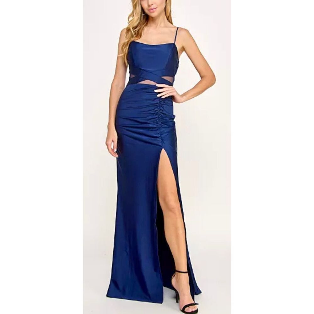 Emerald Sundae Mesh Panel Maxi Dress Size Extra Small Blue Side Slit Gown NEW